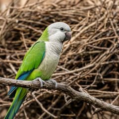 Green and gray quaker parakeet perched on a branch with a stick nest structure behind it