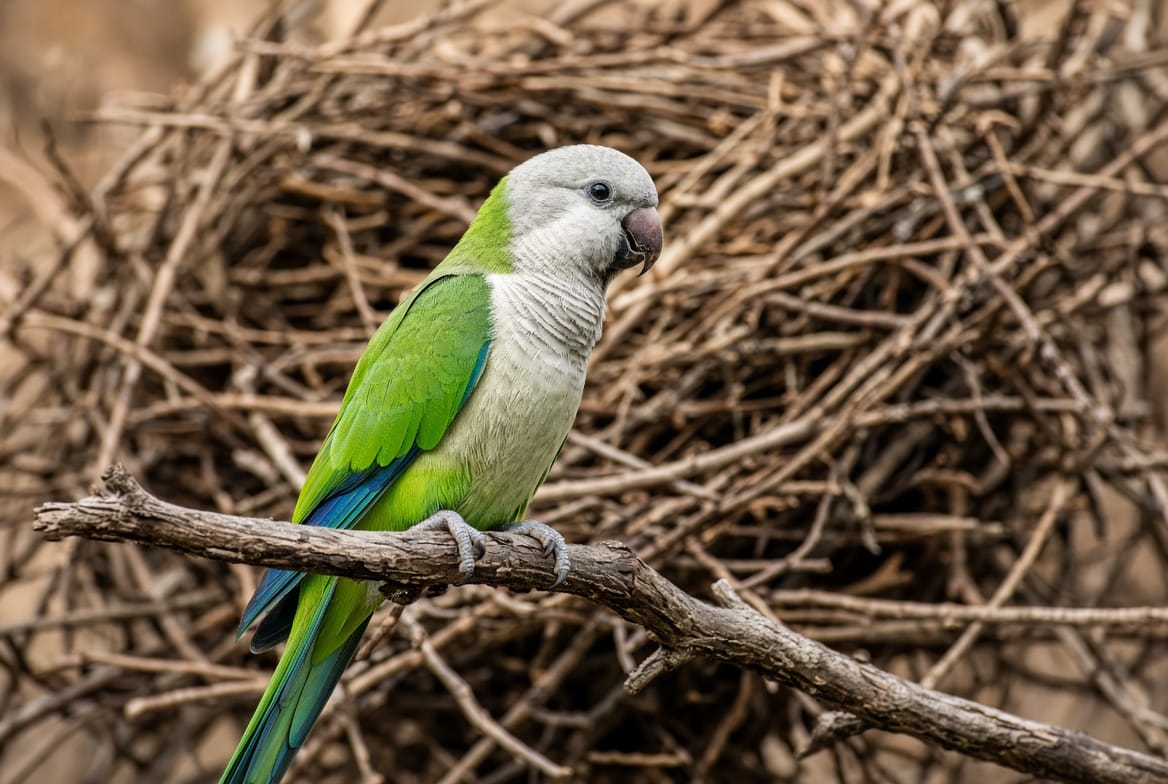 Green and grey quaker parakeet perched on a branch with a stick nest structure behind it