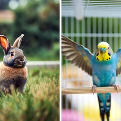 Side by side of a rabbit in a grassy pen and a budgie on a wide perch