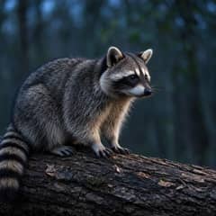 Raccoon standing on a fallen log with its black mask and ringed tail in clear view