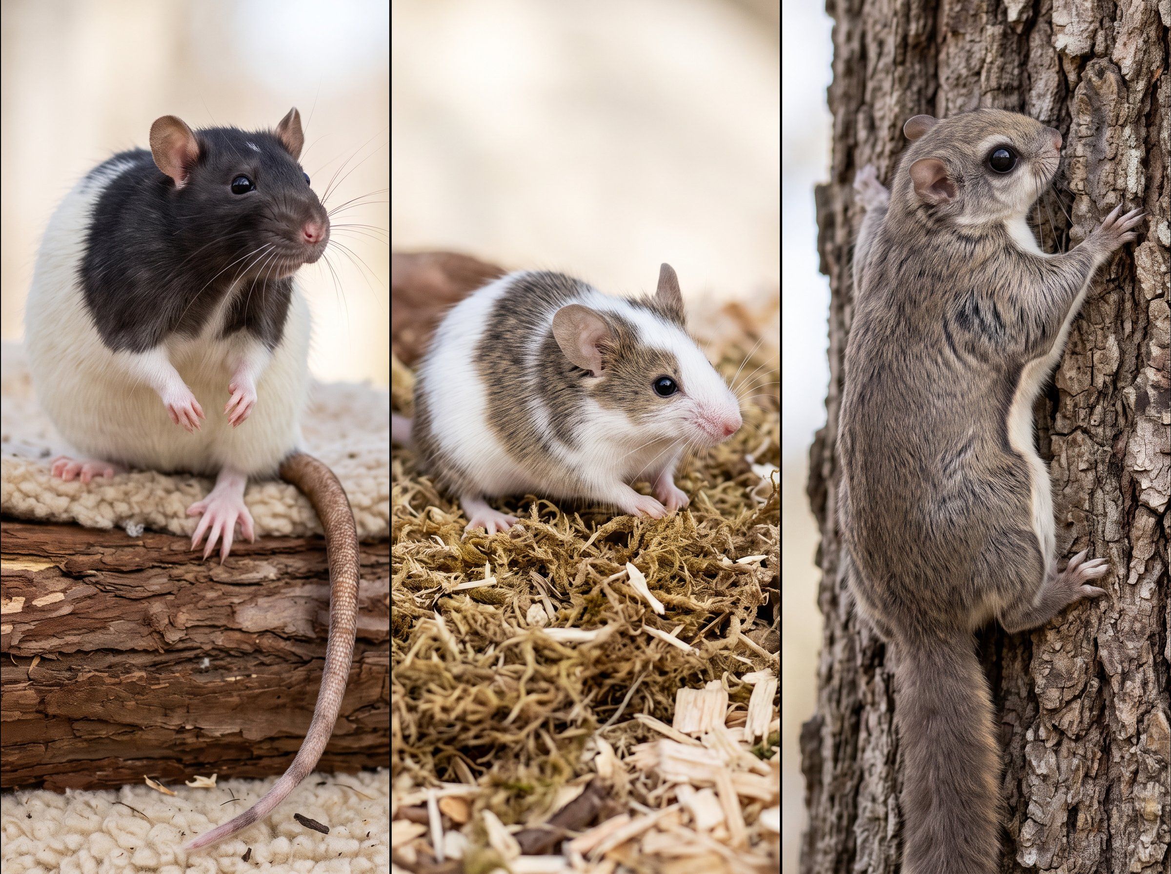 Grid of a fancy rat, fancy mouse, and flying squirrel