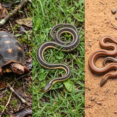 Grid of a red-footed tortoise, garter snake, and rosy boa