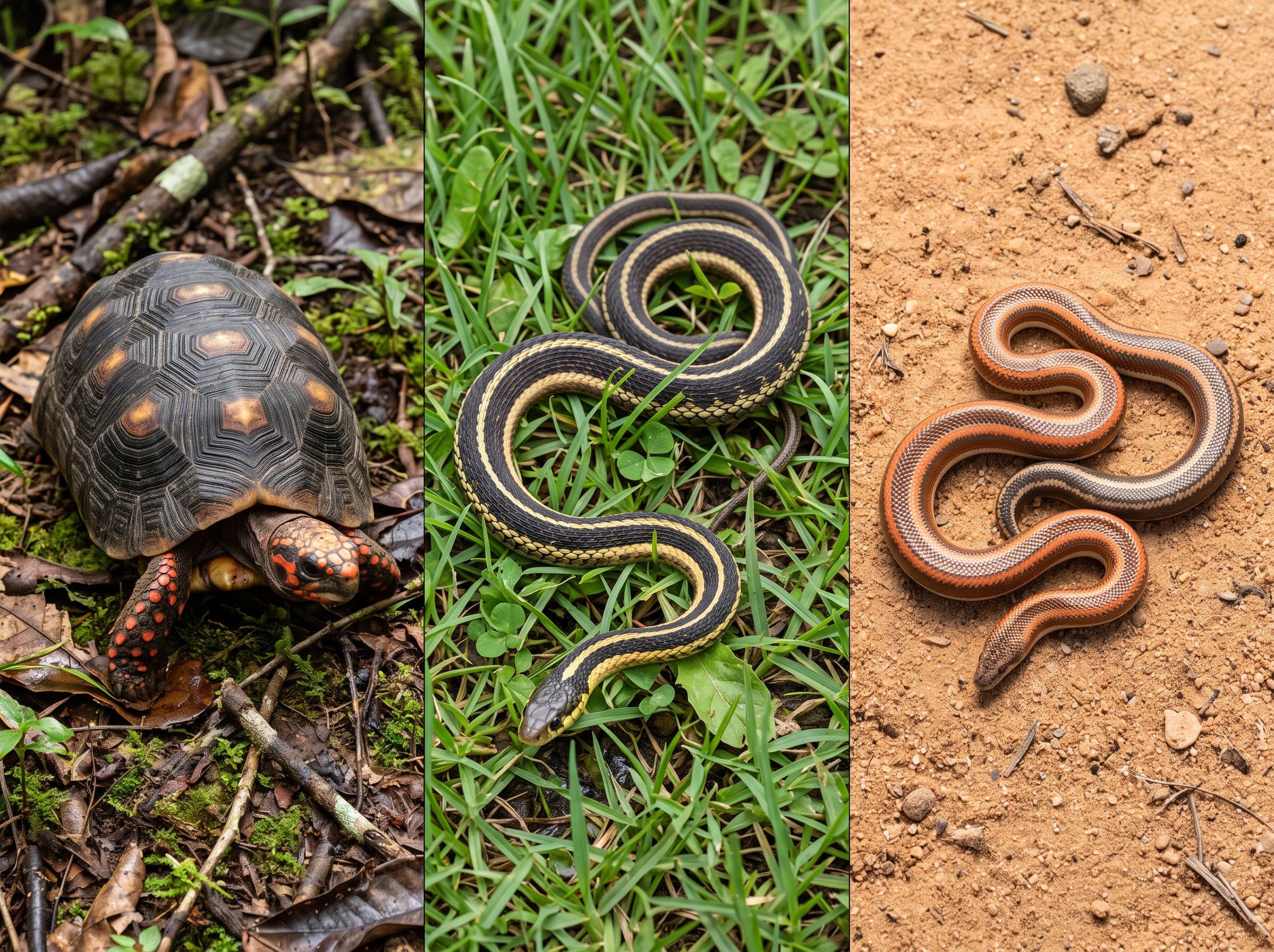 Grid of a red-footed tortoise, garter snake, and rosy boa