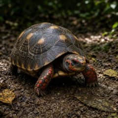 Red-footed tortoise walking on a damp forest floor, red leg scales visible