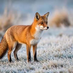 Red fox standing in short grass with its white-tipped tail and black legs in clear view
