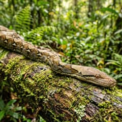 Reticulated python resting along a mossy log in dense jungle with its net pattern catching the light