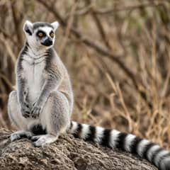 Ring-tailed lemur sitting upright on a rock with its banded tail curled beside it and its orange eyes toward the camera