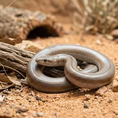 Rosy boa coiled on sand in its enclosure