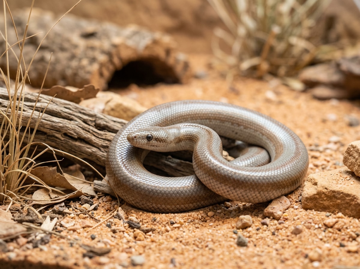 Rosy boa coiled on sand in its enclosure