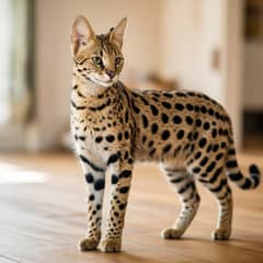 Savannah cat with tall ears and a spotted golden coat standing on a wooden floor