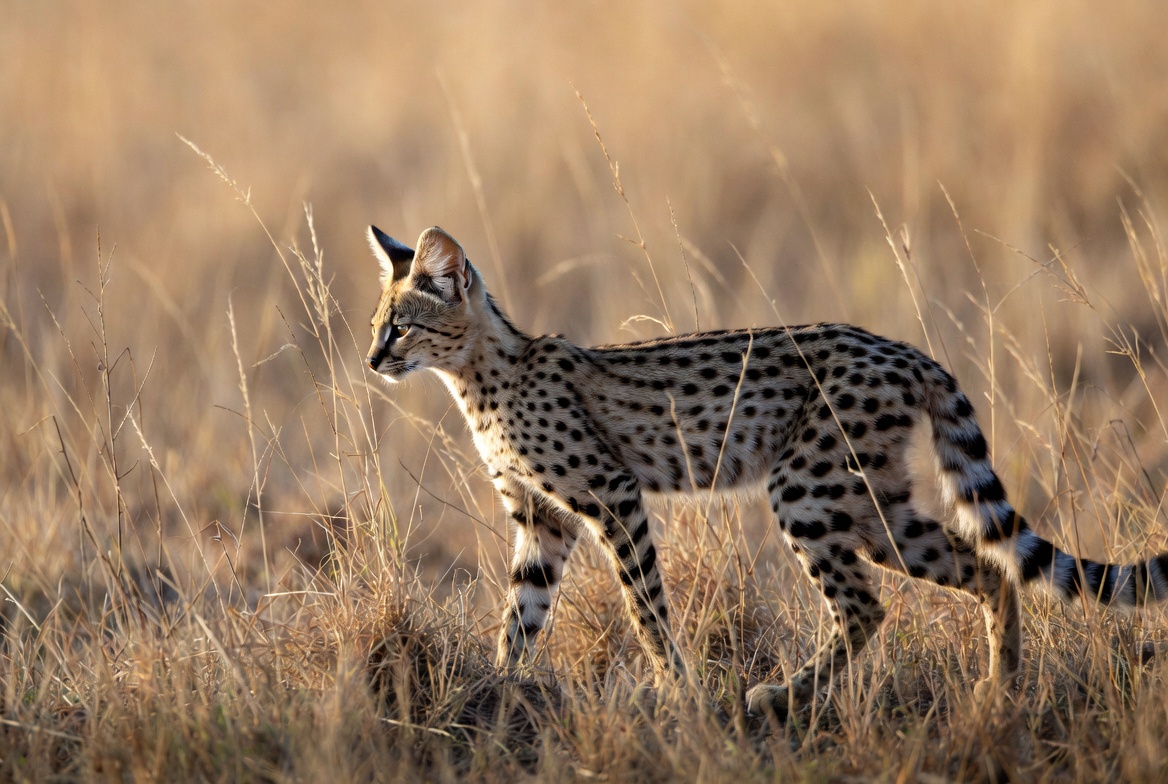 Serval walking through tall golden savanna grass, its spotted flank and long legs lit by low sun