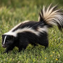 Striped skunk walking across short grass with its tail raised and its white back stripes in clear view
