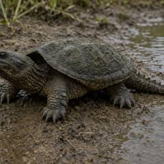 Common snapping turtle at the muddy edge of a pond with its head raised