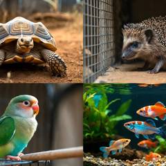 Sulcata tortoise, hedgehog, lovebird, and guppy shown side by side