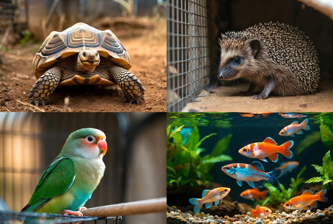 Sulcata tortoise, hedgehog, lovebird, and guppy shown side by side