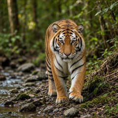 Tiger walking toward the camera along a shallow forest stream with its stripes reflected in the water