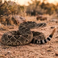 Western diamondback rattlesnake coiled on sand with its rattle raised