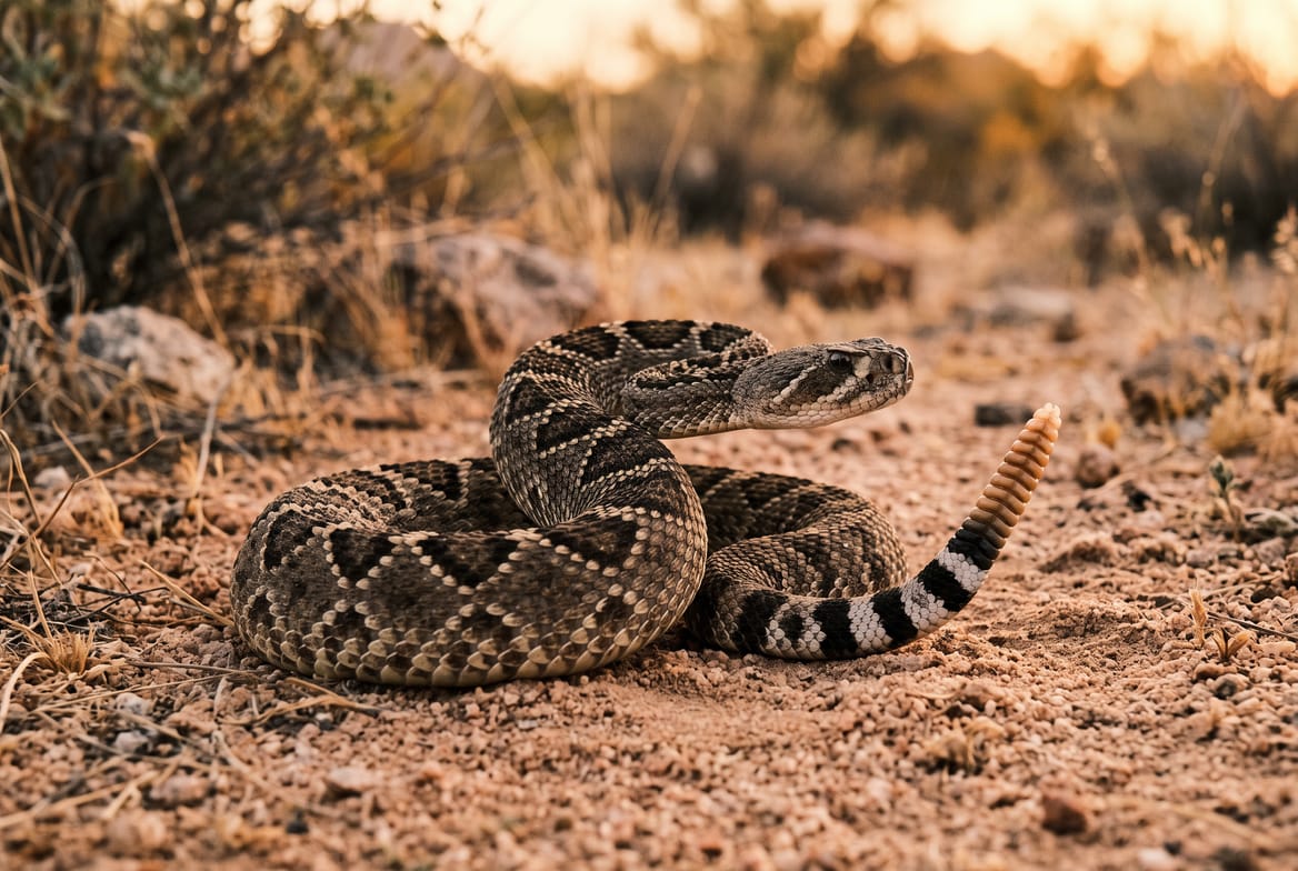 Western diamondback rattlesnake coiled on sand with its rattle raised