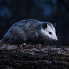 Virginia opossum standing on a log at dusk, its white face and bare tail in clear view