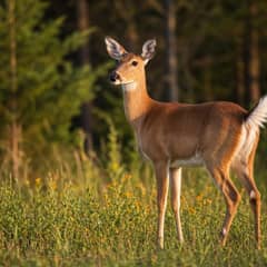 White-tailed doe standing at the edge of a forest meadow with her tail raised