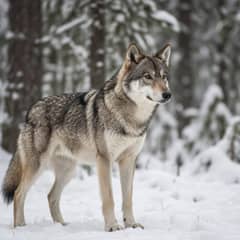 Wolfdog standing in snow with a gray and cream coat, amber eyes and the long legs and narrow chest of its wolf parent