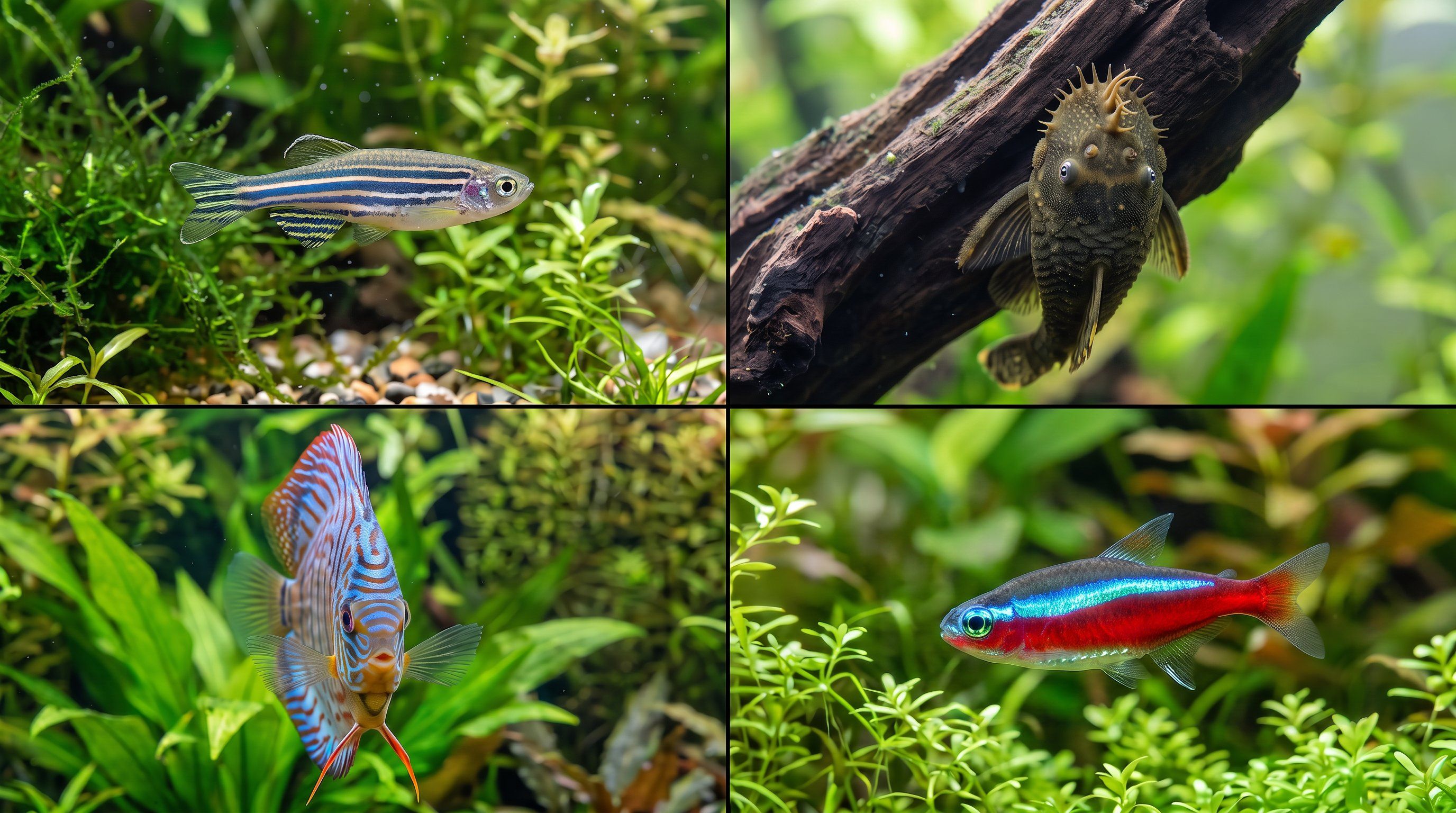 Grid of a zebra danio, bristlenose pleco, discus, and cardinal tetra