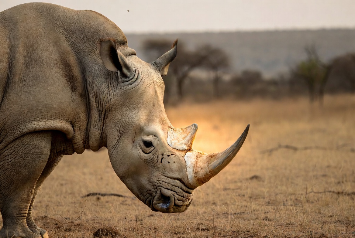 A white rhinoceros in profile on dry grassland with its front horn lit and clearly visible