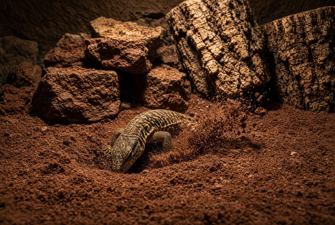 An ackie monitor digging into deep substrate in a large planted enclosure