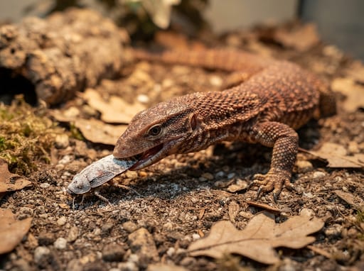 Ackie monitor eating a calcium-dusted feeder insect