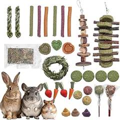 Rabbit Chew Toys, Toys for Guinea Pigs & Hamsters - Natural Chew Sticks & Balls Set for Small Animals, Dental Care Treats for Chinchillas, Bunny - 20+ Toys for Teeth Health (32 Pieces)