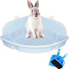 PINVNBY Extra Large Corner Litter Box for Rabbits, Guinea Pigs, Ferrets | 18.3" Fan-Shaped Potty Trainer with Anti-Spill Guard, Durable Plastic & Cage Clips | Easy-Clean Small Animal Toilet Pan (Blue)