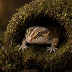 An African fat-tailed gecko emerging from a humid hide onto damp substrate