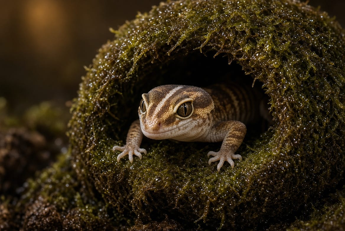 An African fat-tailed gecko emerging from a humid hide onto damp substrate