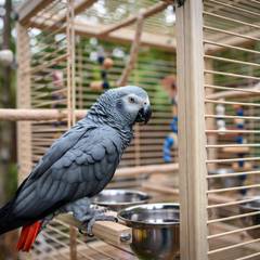 African grey parrot perched beside its cage and accessories, representing the total cost of ownership