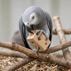 An African grey parrot working food out of a wooden foraging toy