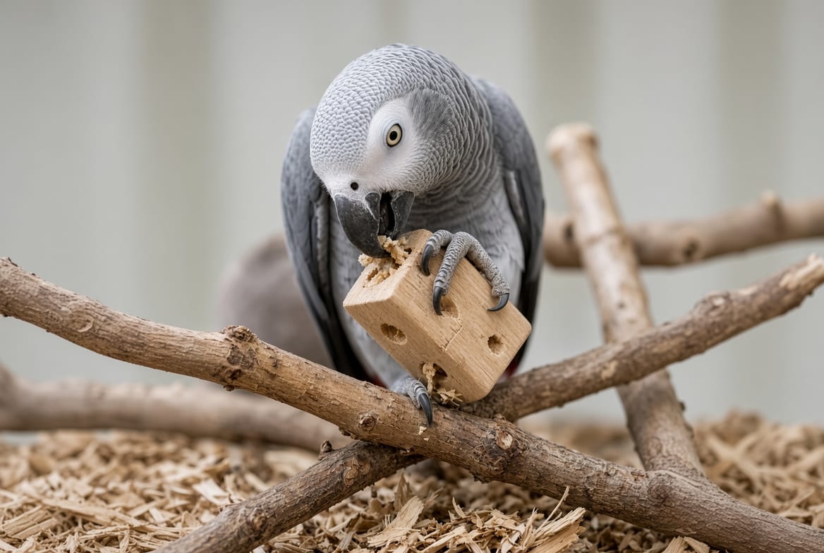 An African grey parrot working food out of a wooden foraging toy