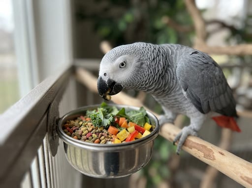 African grey parrot eating formulated pellets and fresh vegetables