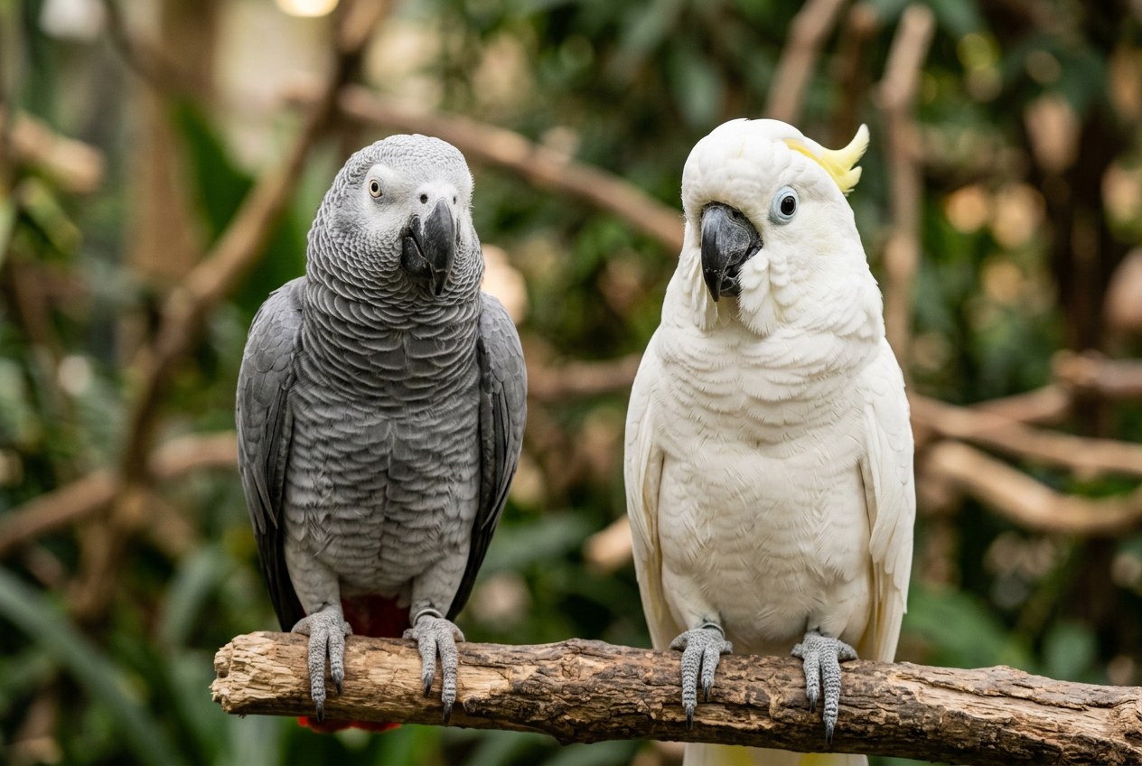 An African grey parrot and a cockatoo side by side for comparison