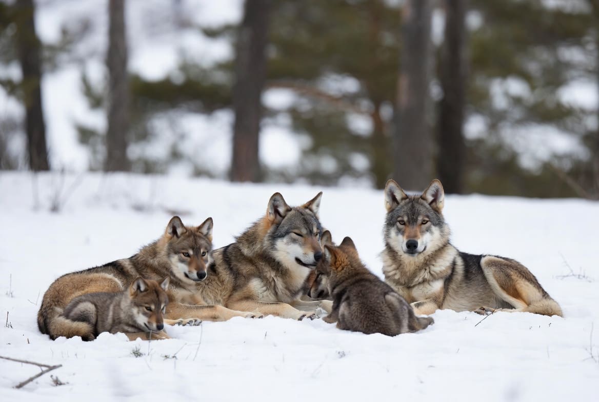 A gray wolf standing in snow with two pups nearby, showing a wolf pack as a family group rather than a ranked hierarchy