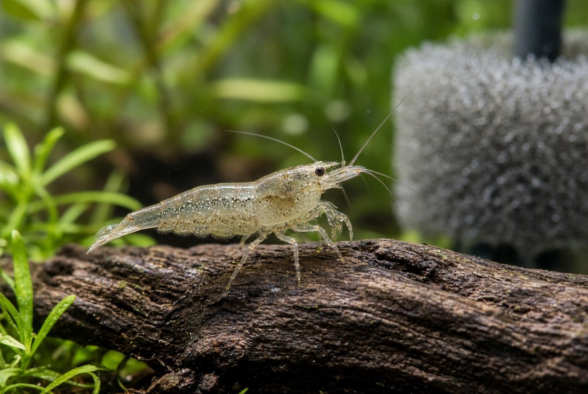 A group of amano shrimp grazing algae off driftwood in a planted freshwater aquarium