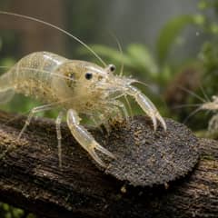 An amano shrimp gripping a sinking wafer on driftwood, picking at it with both claws