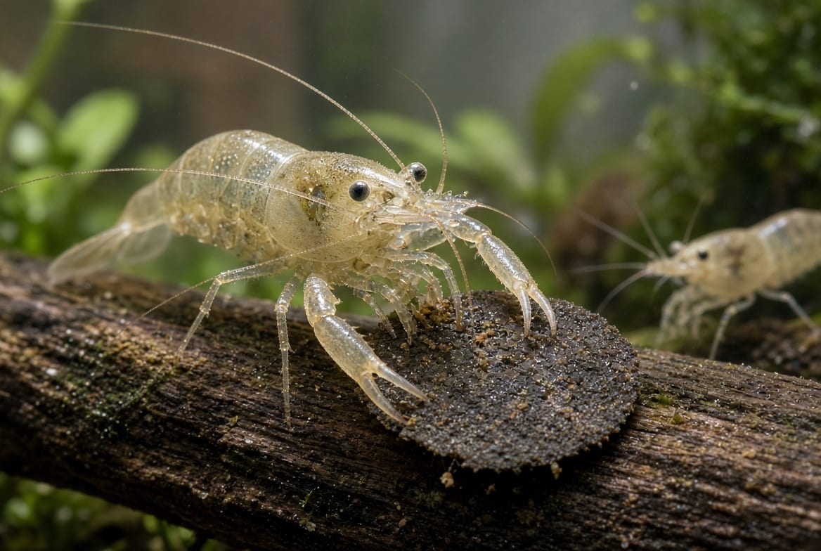 An amano shrimp gripping a sinking wafer on driftwood, picking at it with both claws