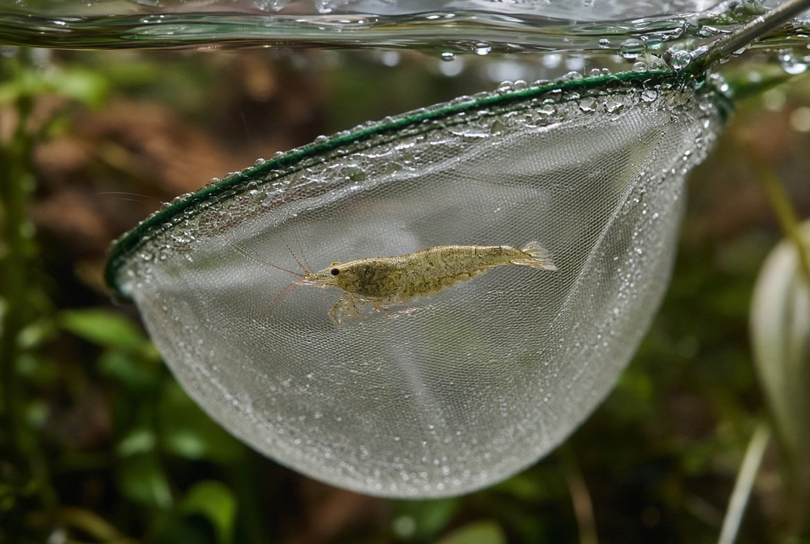 An amano shrimp being drip acclimated in a container before introduction to a new aquarium