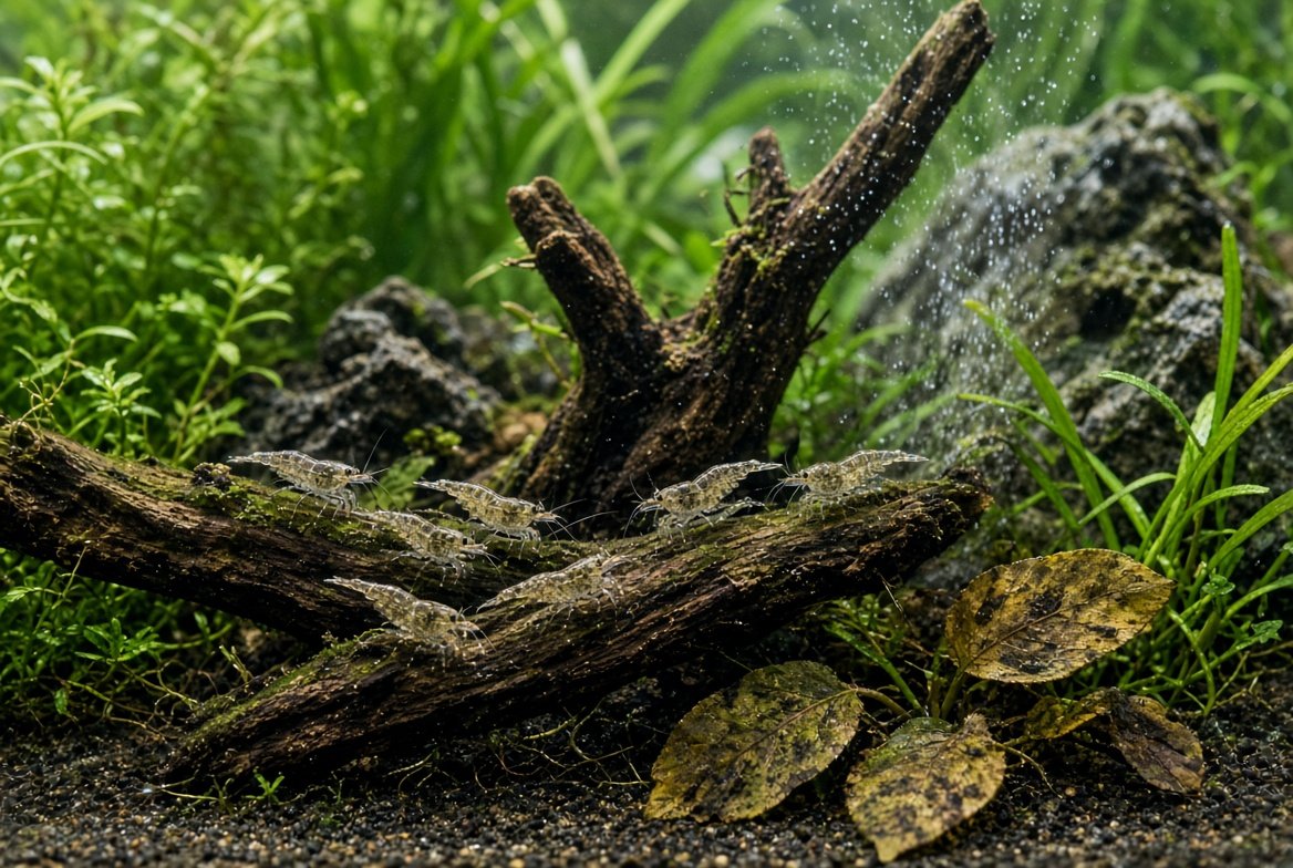 A planted freshwater aquarium with driftwood and moderate current set up for a group of amano shrimp
