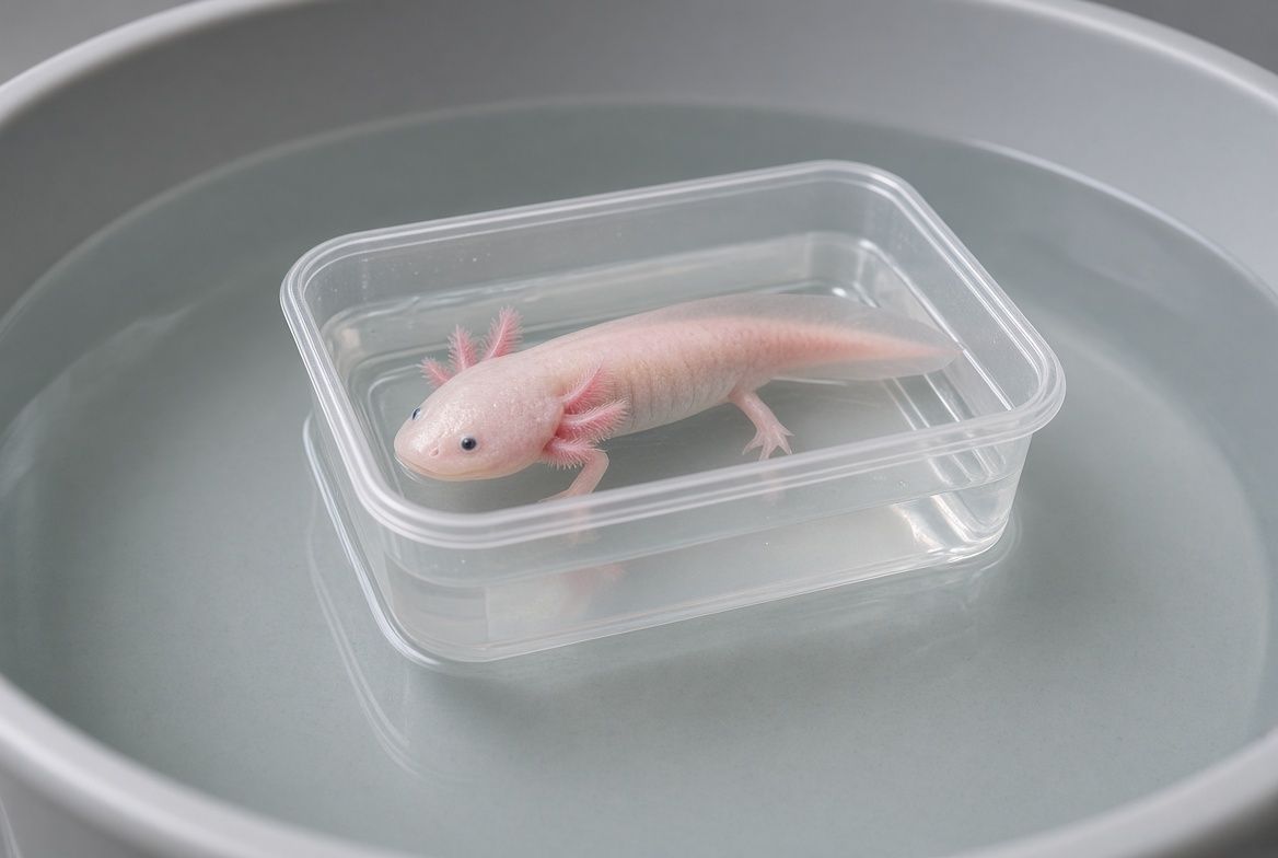A new axolotl being moved by cup rather than net into a bare quarantine container, with a thermometer floating alongside a covered lid