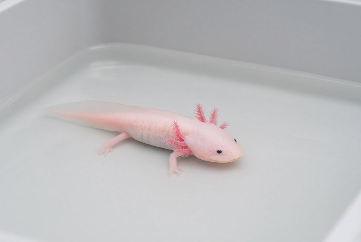A sick axolotl resting in a bare plastic tub of dechlorinated water, set up separately from its main tank for observation and a full daily water change