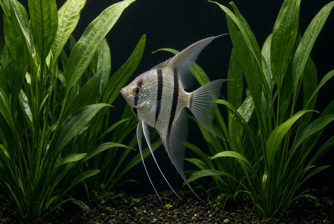 A tall angelfish turning between vertical plant stems in a deep planted aquarium