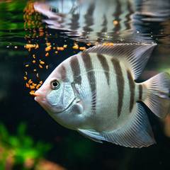 Angelfish feeding on flakes near the water's surface
