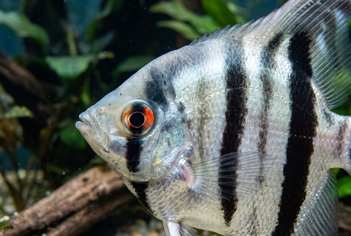 Angelfish in a clean, well-filtered tank showing healthy fins and coloring