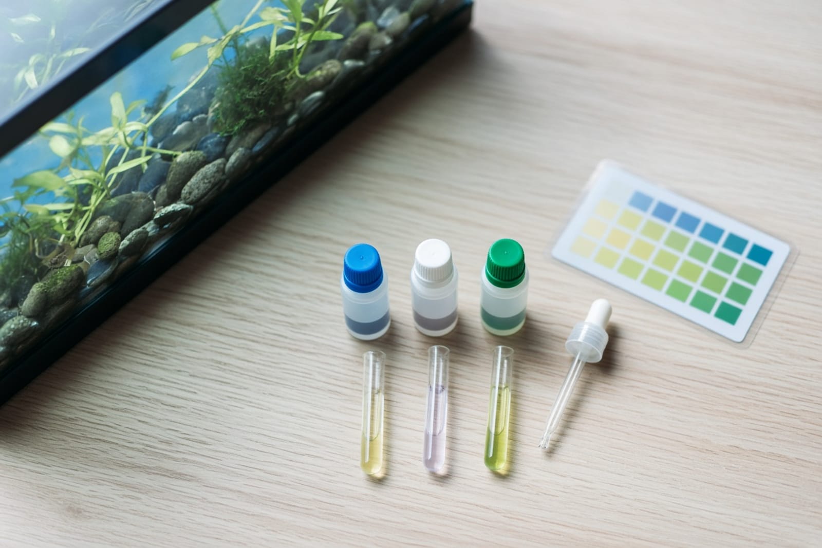 A freshwater aquarium water test kit with color-coded vials for ammonia, nitrite, and nitrate lined up beside a planted tank